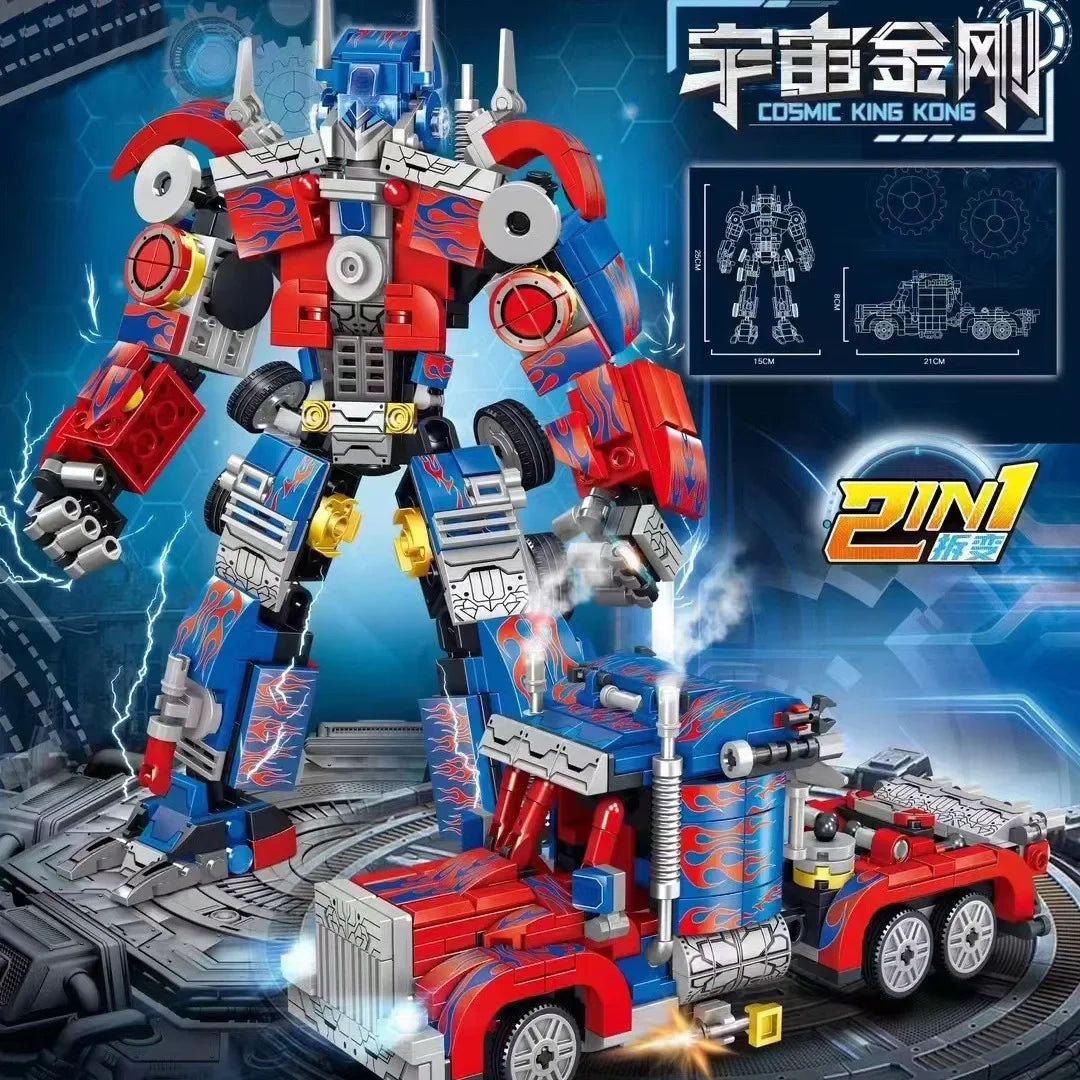 Robot jouet transformable bleu et rouge avec décor futuriste, mode camion visible – Transformers.