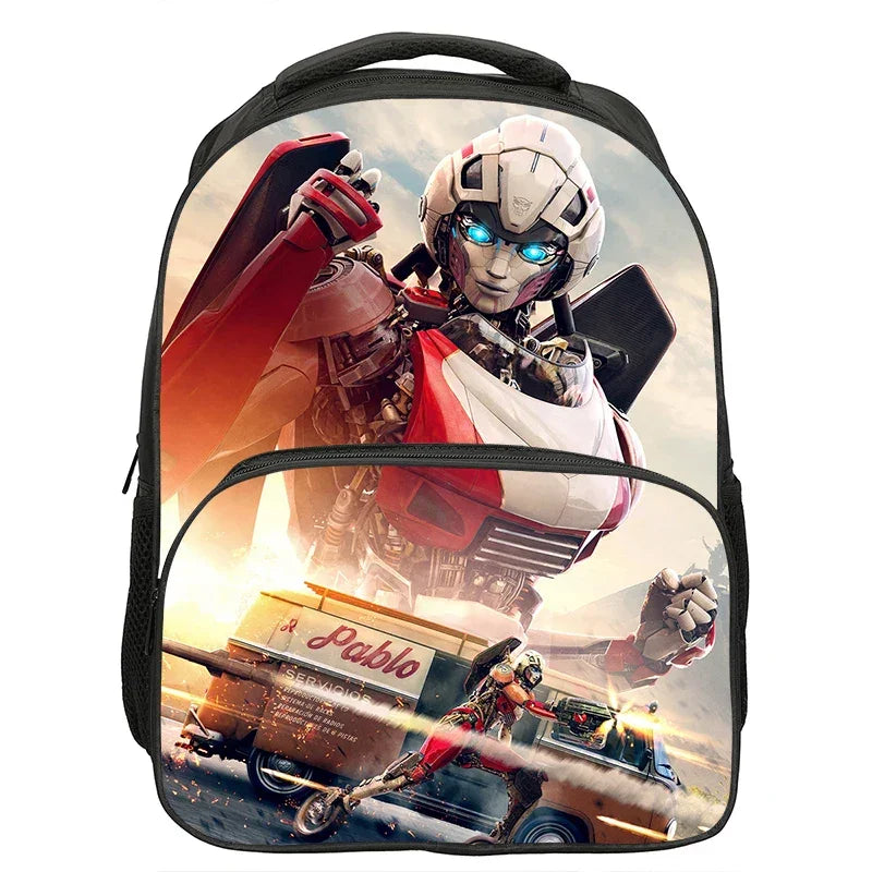Sac à dos avec impression d’un robot Transformers blanc et rouge, posture dynamique, fond urbain – Transformers.