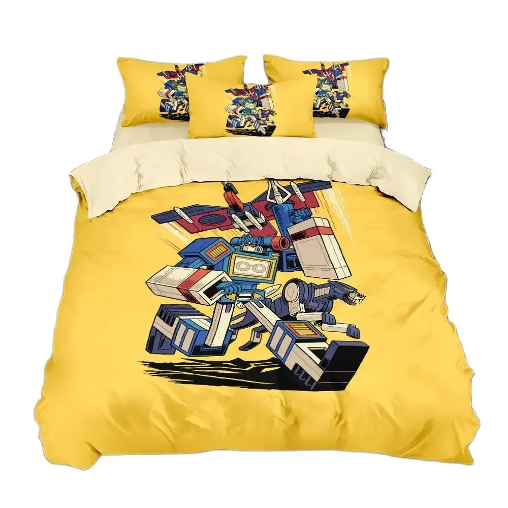 Parure de lit jaune avec robot Transformers stylisé, motif coloré sur housse et oreillers – Transformers.