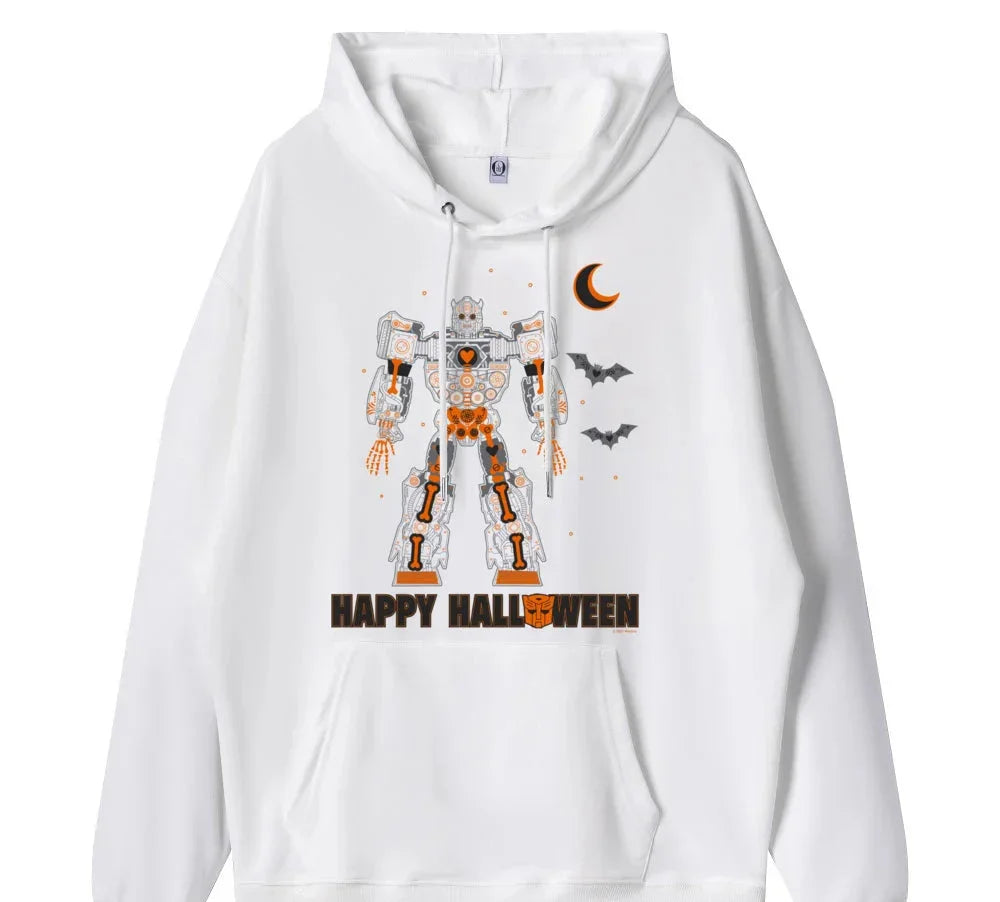 Sweat à capuche blanc avec robot Transformers orange, motif Halloween, chauves-souris et lune – Transformers.