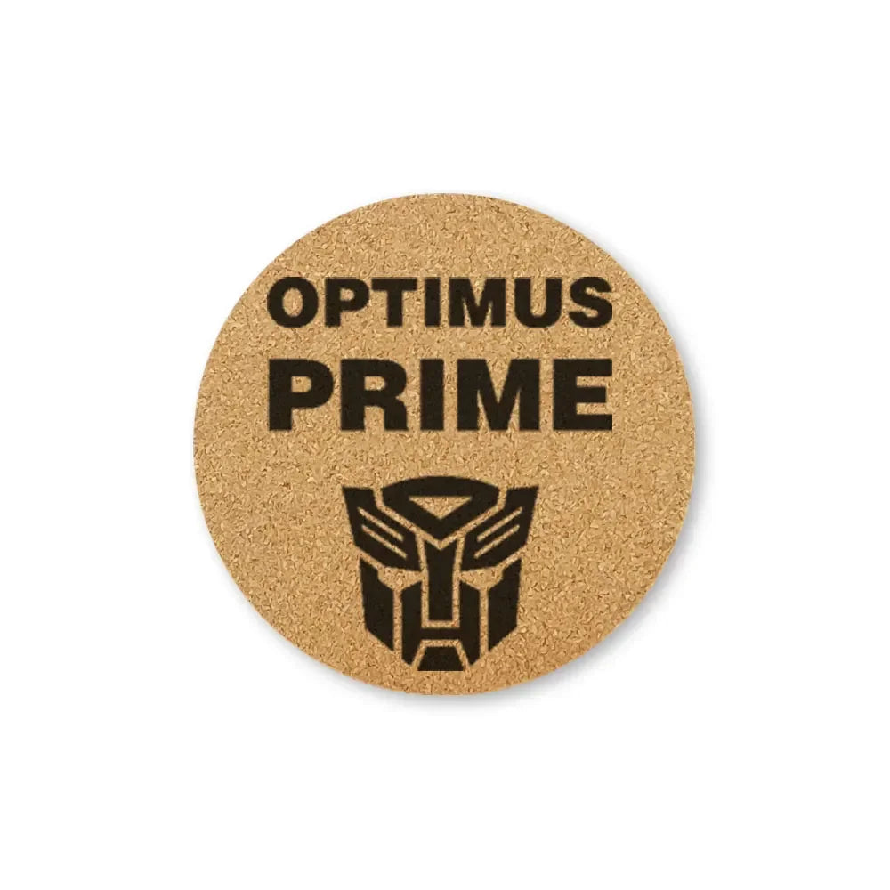 Dessous de verre rond en liège, texte Optimus Prime et logo noir stylisé – Transformers.