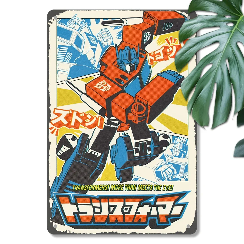 Plaque métal vintage décorative avec robot rouge et bleu en action, fond jaune rétro – Transformers.