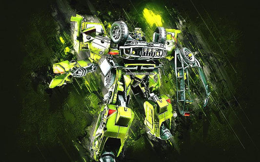 Robot Desert Tracker Ratchet vert en posture dynamique sur fond pierre grunge vert – Transformers.