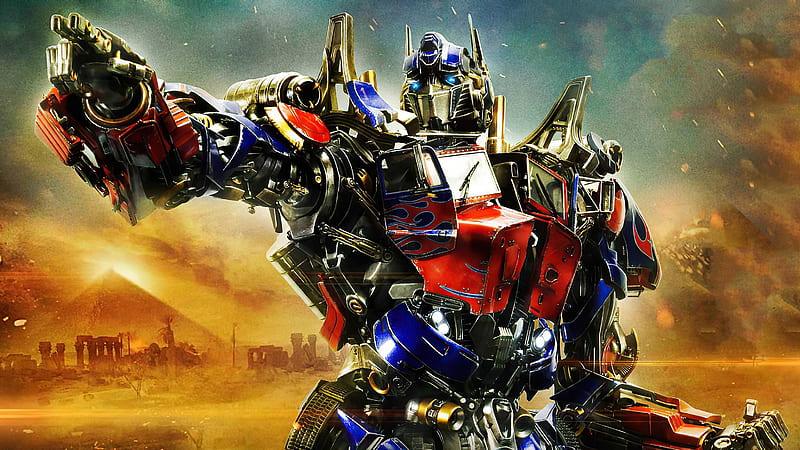Optimus Prime debout en pose dynamique, décor urbain en ruine, couleurs vives – Transformers.