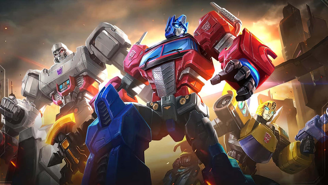 Optimus Prime en posture héroïque, entouré de Megatron et Bumblebee, décor urbain lumineux – Transformers.