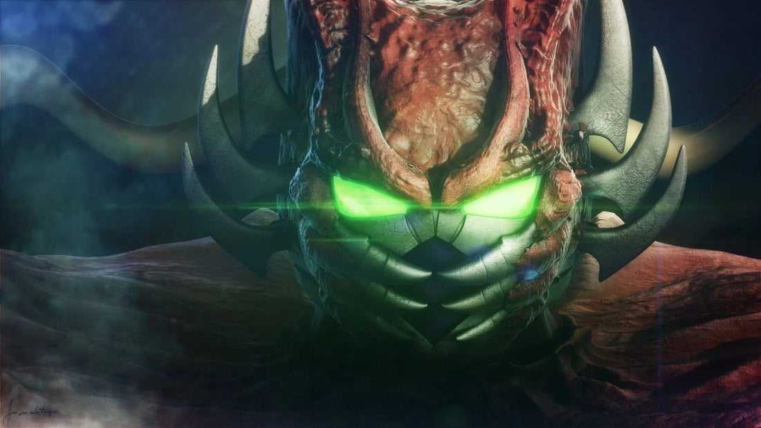 Rampage upgrade, visage de robot Transformers menaçant, yeux verts lumineux, style sombre – Transformers.