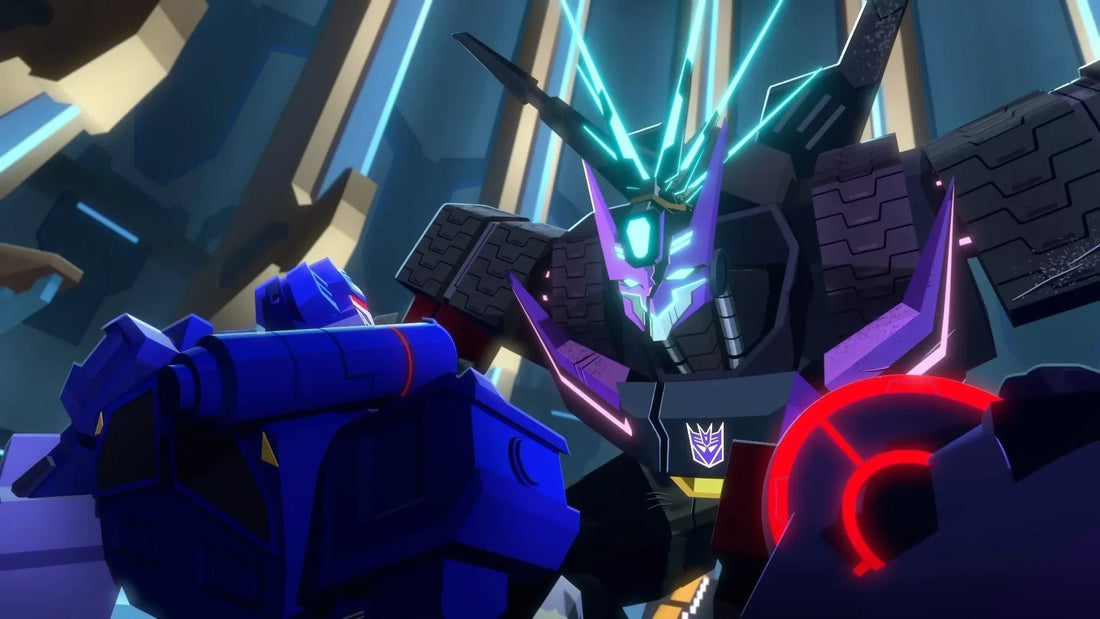 Tarn Transformers en robot violet sombre, armure complexe, lueurs bleues, style animé – Transformers.