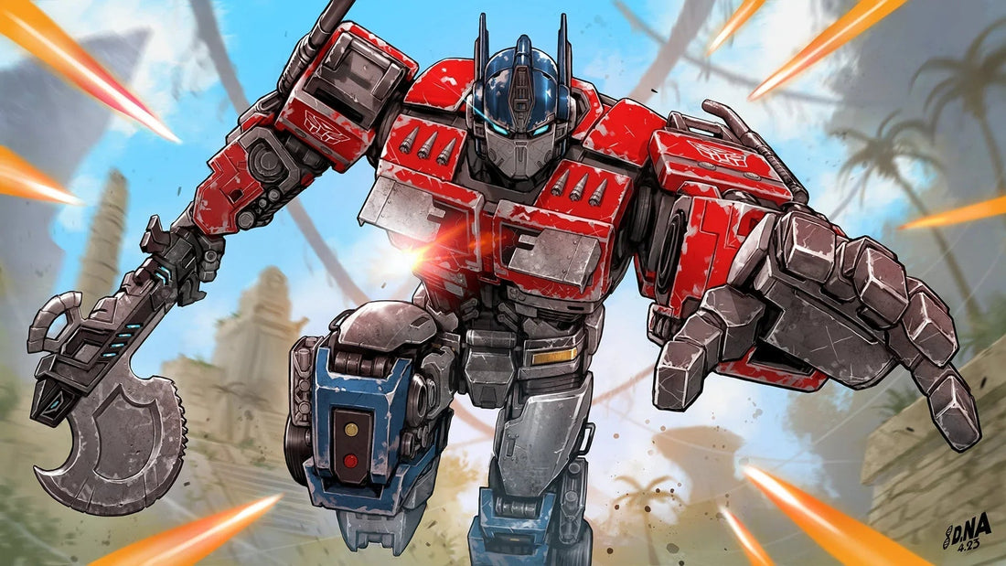 Optimus Prime en posture dynamique, arme en main, décor jungle, couleurs vives – Transformers