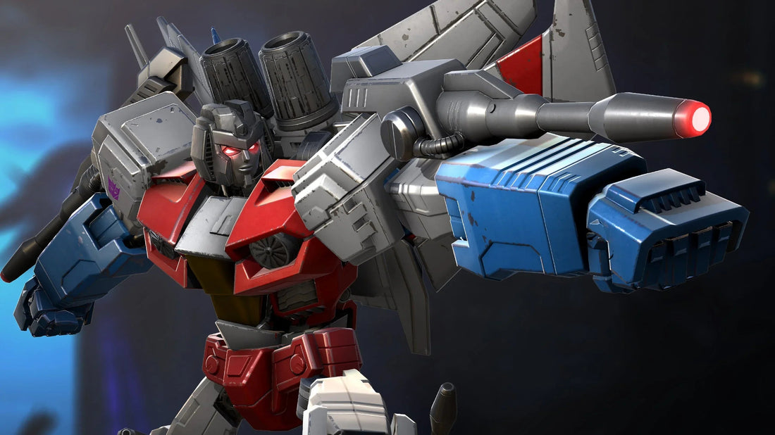 Robot Transformers avec armure rouge, grise et bleue, en position de combat futuriste – Transformers.