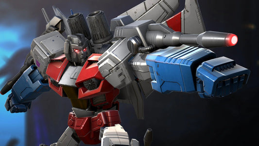 Robot Transformers avec armure rouge, grise et bleue, en position de combat futuriste – Transformers.