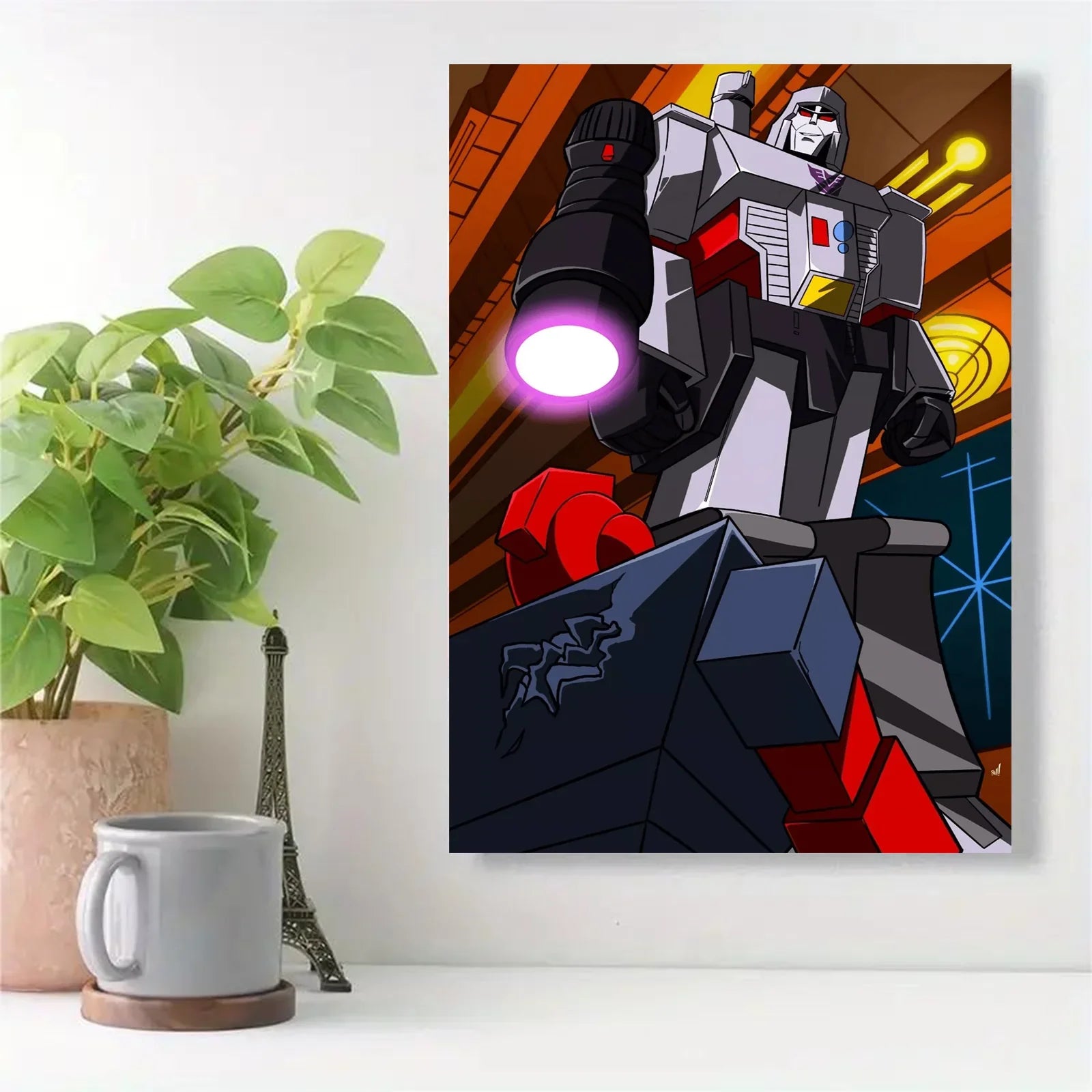 Affiche déco Megatron, robot gris et rouge en position dominante sur fond futuriste – Transformers.