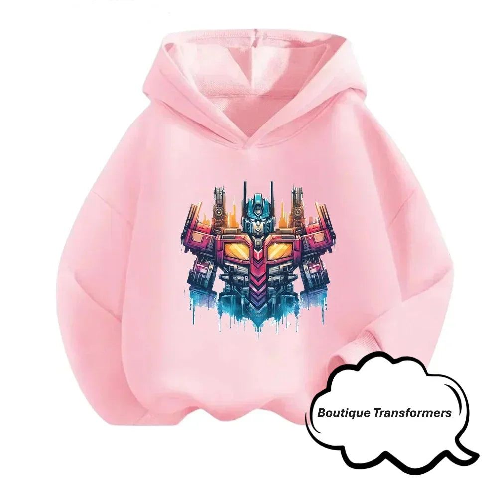 Sweat à capuche rose avec illustration Optimus Prime style néon, décor futuriste – Transformers.