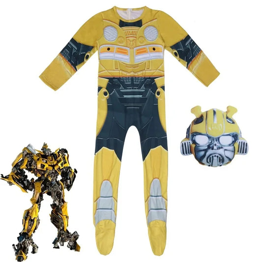 Pyjama enfant jaune motif Bumblebee, masque assorti et robot jaune en illustration – Transformers.