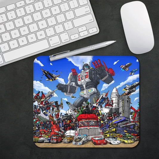 Tapis de souris Transformers avec robot géant, véhicules colorés et décor futuriste animé – Transformers.