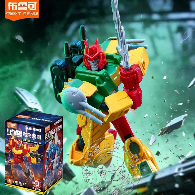 Zielono-żółta figurka robota Transformers z rogatym hełmem — Blokees Rogata Strażniczka