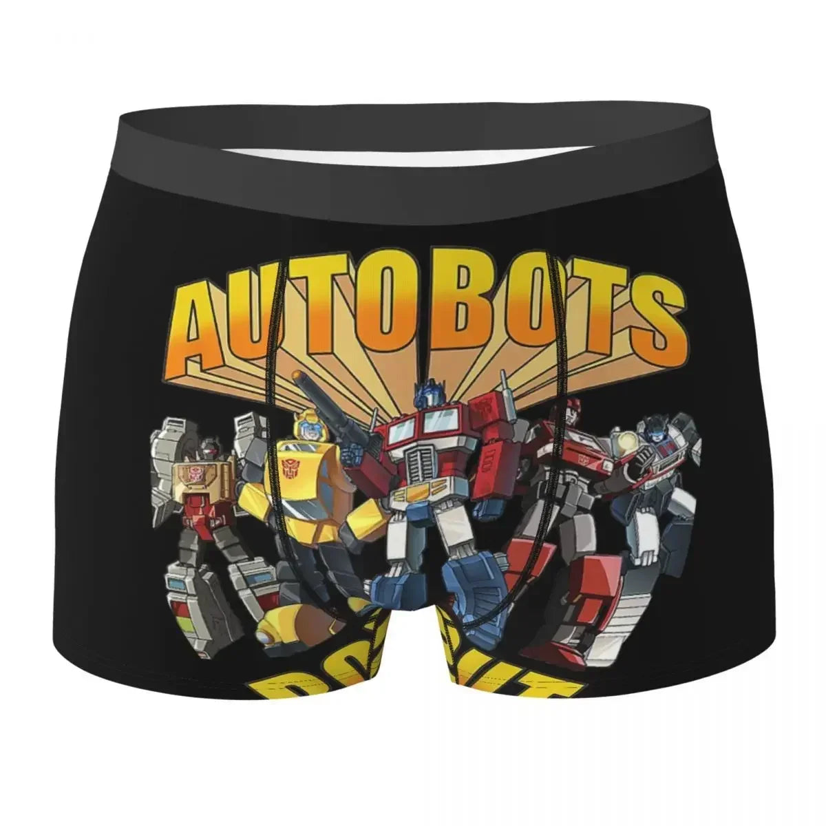 Boxer noir avec Optimus Prime et Autobots colorés, motif rétro jaune et logo iconique – Transformers.