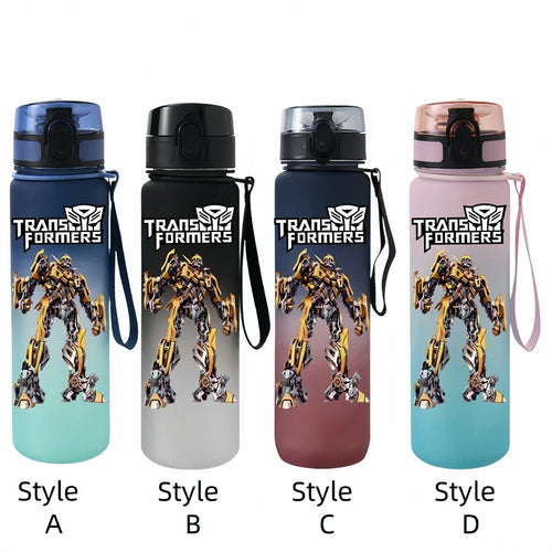 Gourde avec robot jaune Bumblebee debout, fond coloré, bouchon sport et poignée – Transformers.