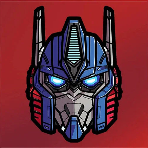 Sticker visage Optimus Prime, casque bleu et gris aux yeux lumineux, fond rouge, style cartoon – Transformers.