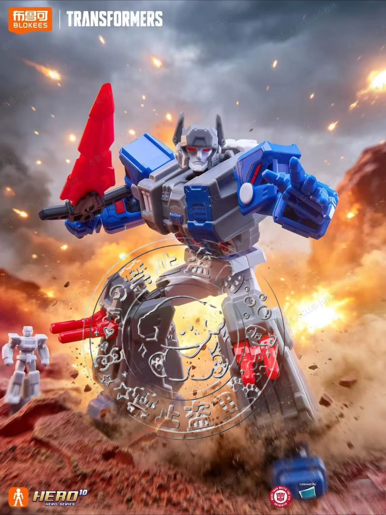 Figurka Transformers — szaroniebieski robot z szkarłatnym ostrzem — uzbrojony Decepticon Blokees