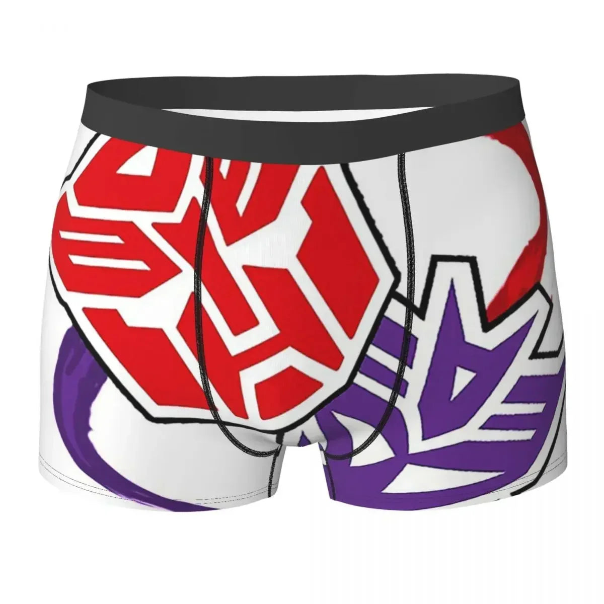 Boxer blanc avec logos rouges et violets Transformers, ceinture noire, style graphique – Transformers.