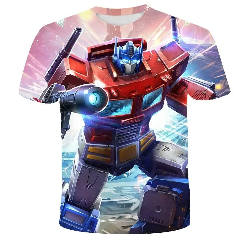 T-shirt imprimé Optimus Prime robot, couleurs vives, pose dynamique, fond futuriste – Transformers.