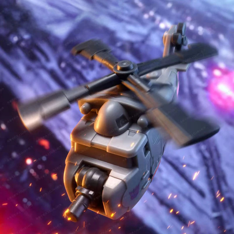 Figurka Transformers Vortex Blokees Vol Stationnaire — szary helikopter na tle gwiaździstej nocą