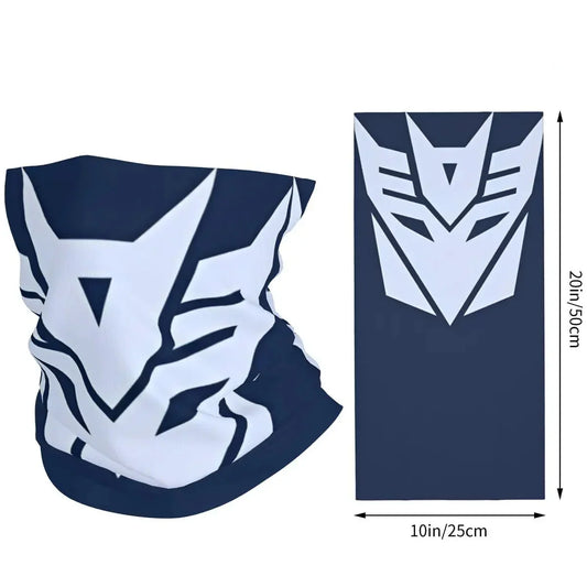 Tour de cou bleu marine avec logo Decepticon blanc, motif géométrique, dimensions visibles – Transformers.