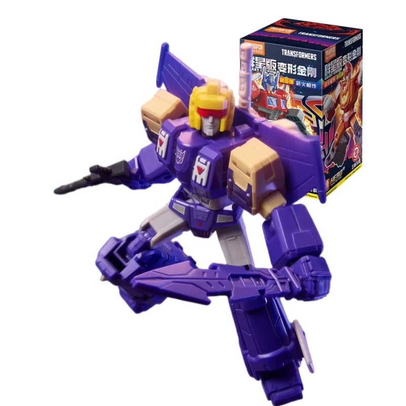 Figurka Transformers Blitzwing — przykucnięty fioletowy robot, potrójny zmiennokształtny Decepticonu