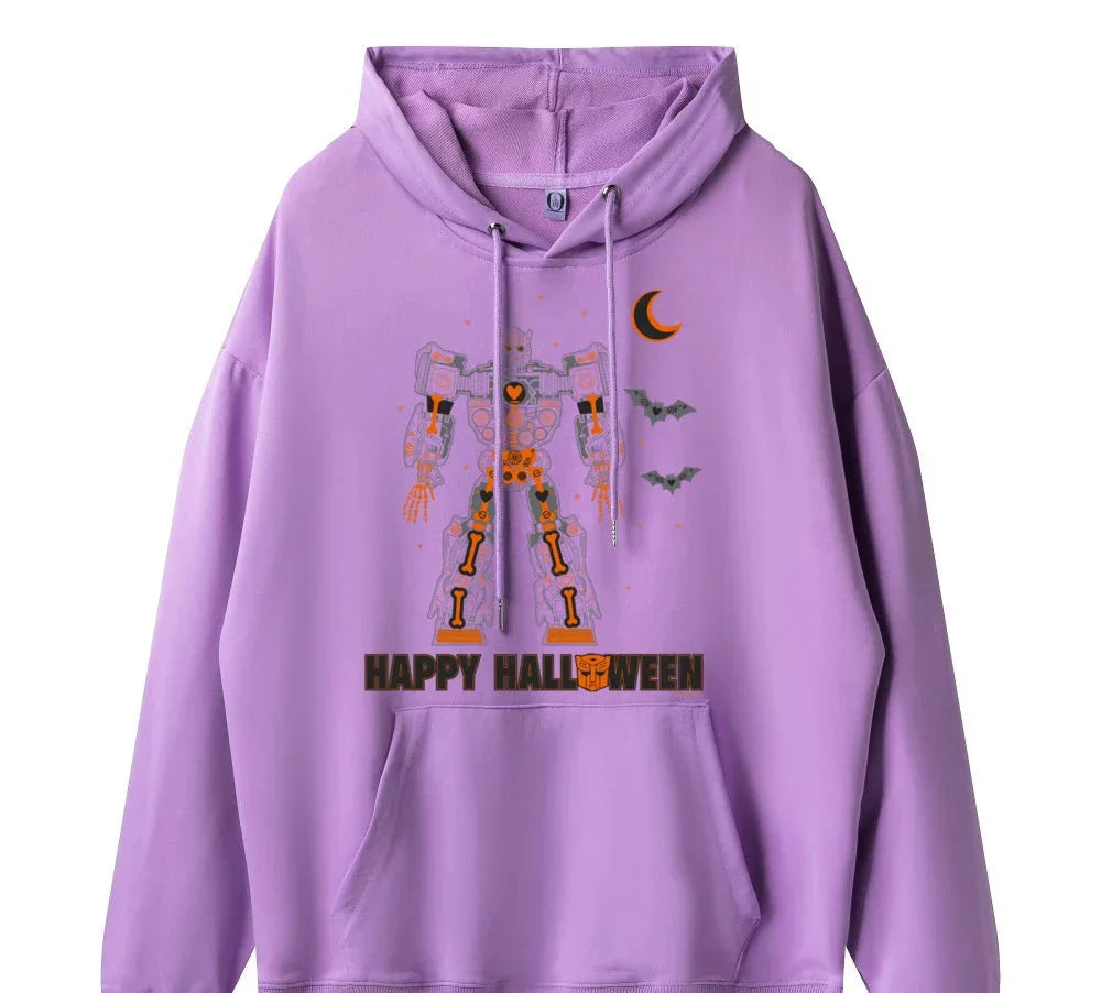 Sweat à capuche violet avec robot Transformers, motifs chauves-souris, lune orange, texte Halloween – Transformers.