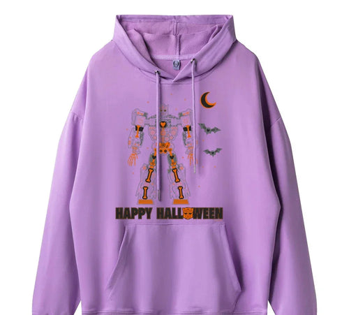 Sweat à capuche violet avec robot Transformers, motifs chauves-souris, lune orange, texte Halloween – Transformers.