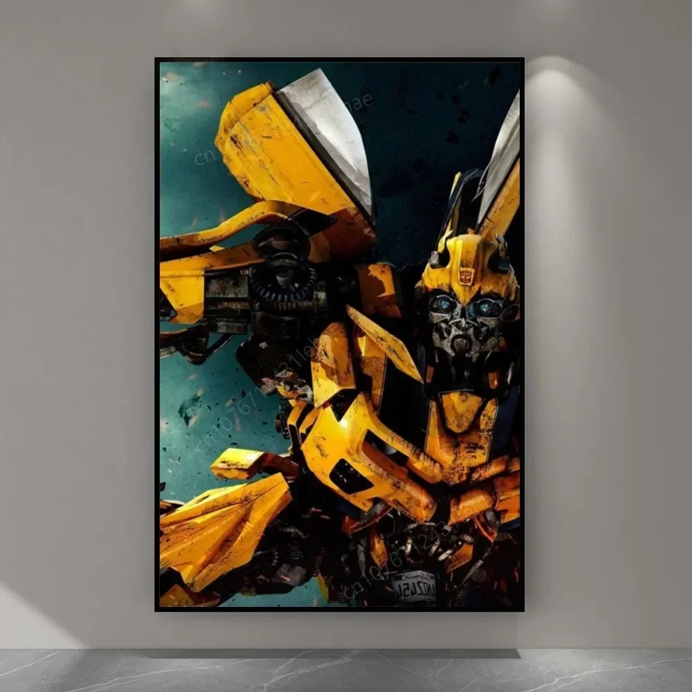 Affiche murale de Bumblebee en robot jaune, pose dynamique sur fond sombre – Transformers.