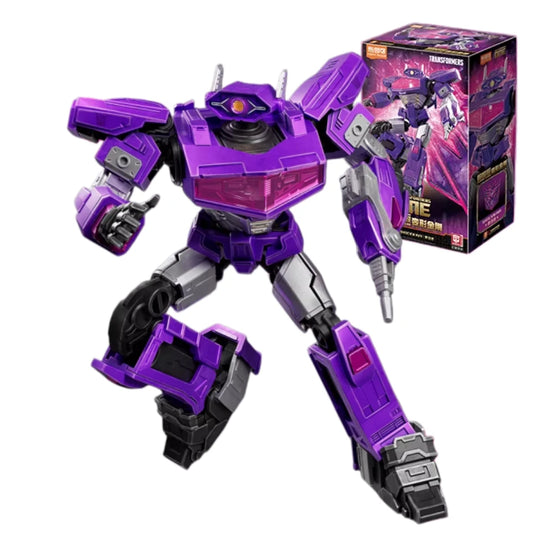 Figurka Transformers Shockwave Blitzwing Origine ONE — w pełni artykułowany fioletowy robot w formie klocka
