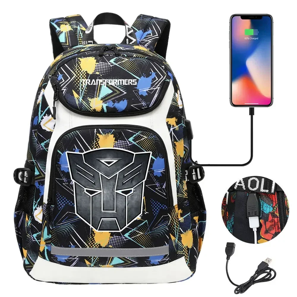 Sac à dos Transformers noir à motif coloré, logo Autobot, port USB, accessoires inclus – Transformers.