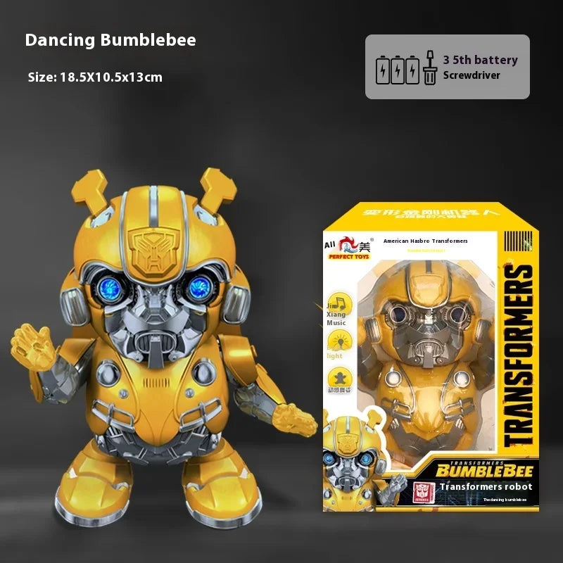 Jouet Bumblebee jaune articulé avec yeux lumineux, boîte d’origine, fond noir – Transformers.