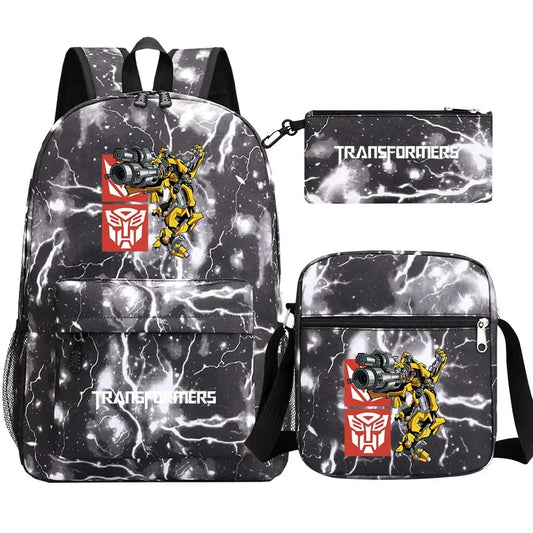 Set sac à dos, sac bandoulière et trousse noirs motif éclair, logo et robot jaune – Transformers
