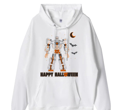 Sweat à capuche blanc avec robot Transformers orange, motif Halloween, chauves-souris et lune – Transformers.