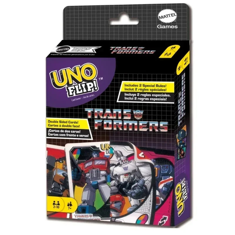 Boîte de cartes UNO Flip édition Transformers, avec Optimus Prime et Megatron illustrés – Transformers.