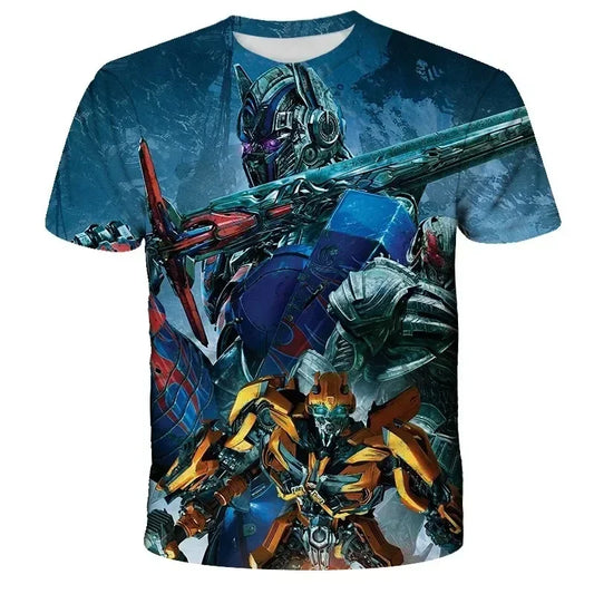 T-shirt à imprimé Optimus Prime et Bumblebee en posture de combat, fond bleu détaillé – Transformers.
