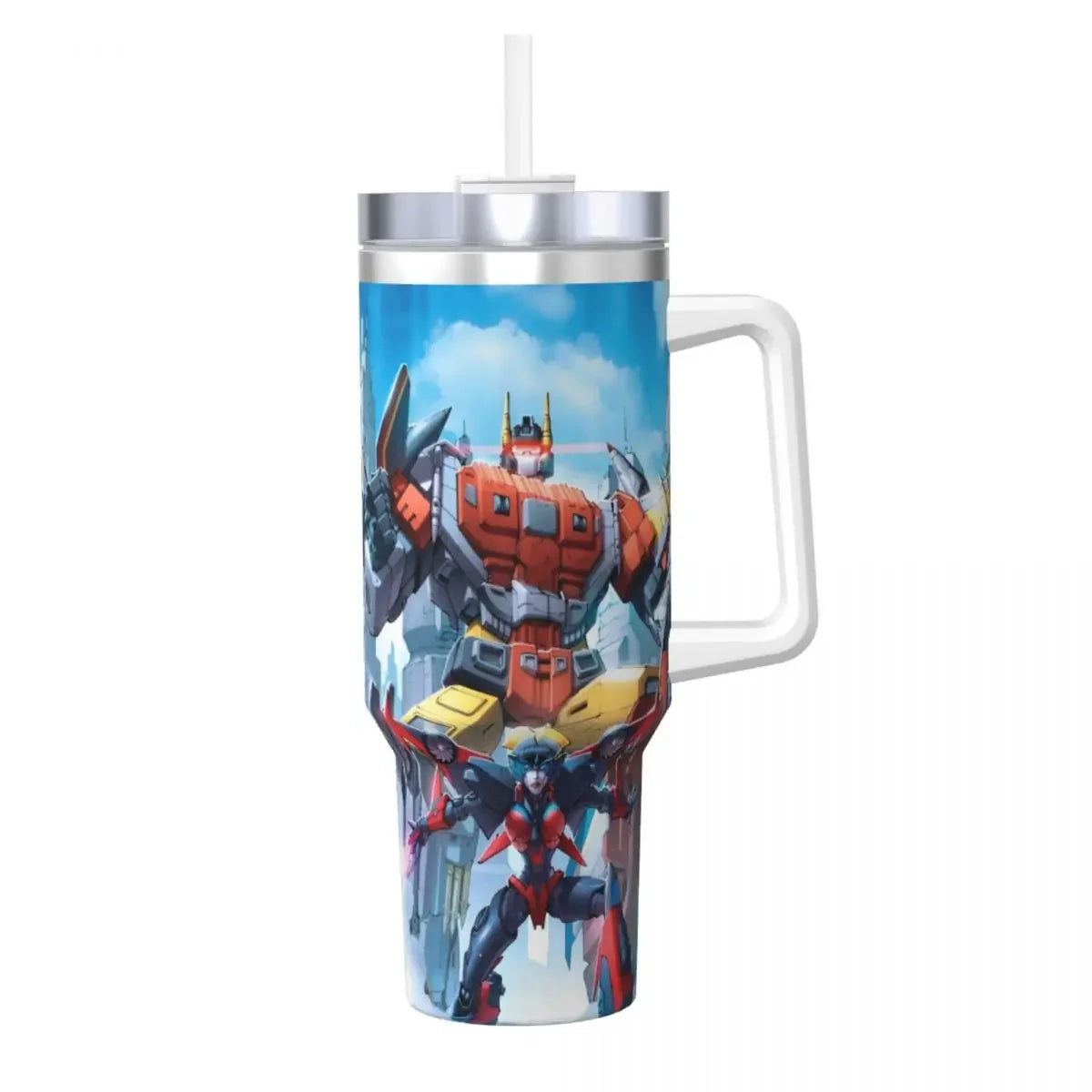 Gobelet avec dessin de robot Transformers rouge en position debout sur fond de ciel bleu – Transformers.