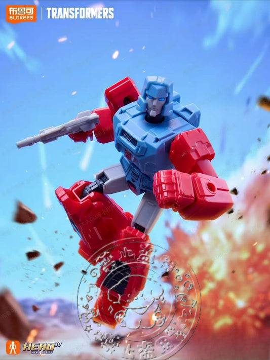 Figurka Transformers — niebiesko-czerwony robot w pozycji bojowej — modułowy montaż Blokees
