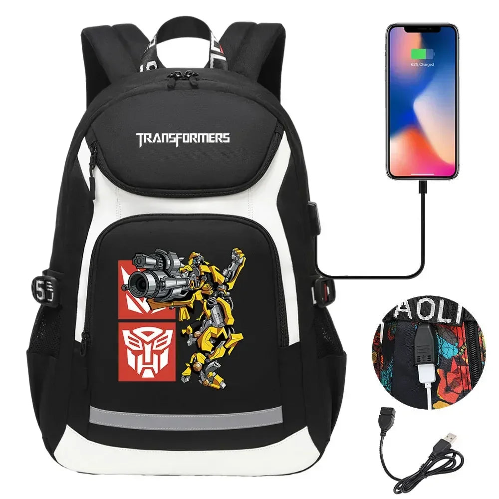 Sac à dos noir et blanc, motif Bumblebee armé, port USB, logo Autobot – Transformers.