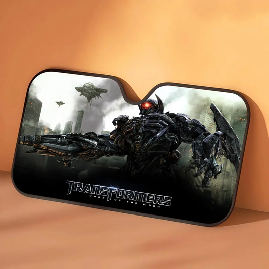 Osłona przeciwsłoneczna Transformers Logo i sylwetki walki — Samochodowa ochrona przeciwsłoneczna, szara edycja