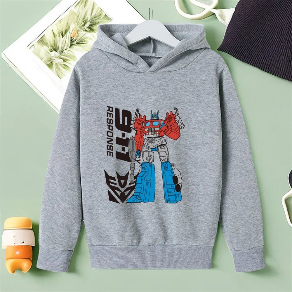 Sweat à capuche gris enfant avec Optimus Prime debout, impression colorée et logo – Transformers.