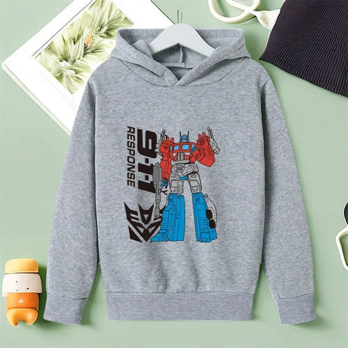 Sweat à capuche gris enfant avec Optimus Prime debout, impression colorée et logo – Transformers.