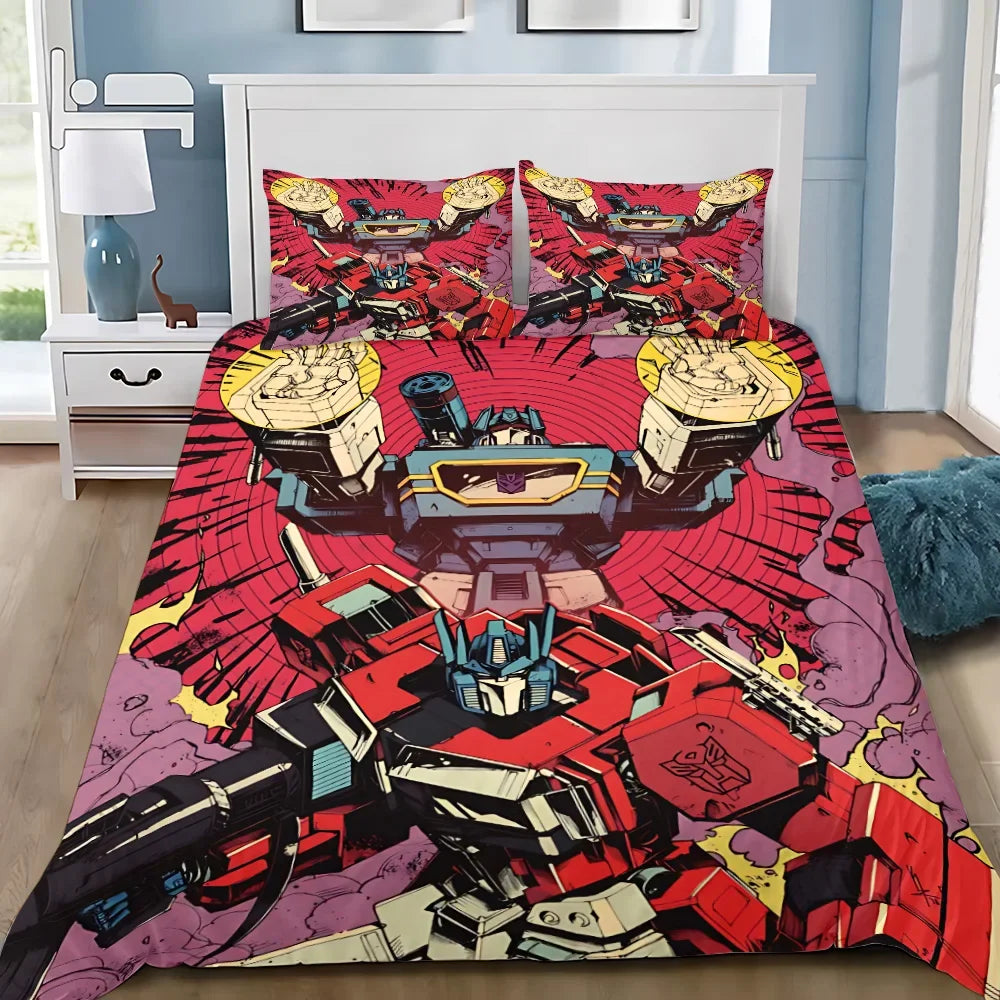 Parure de lit Transformers avec Optimus Prime en posture dynamique sur fond rouge – Transformers.