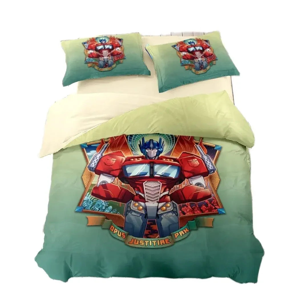 Housse de couette verte avec Optimus Prime illustré en héros, motif coloré – Transformers.