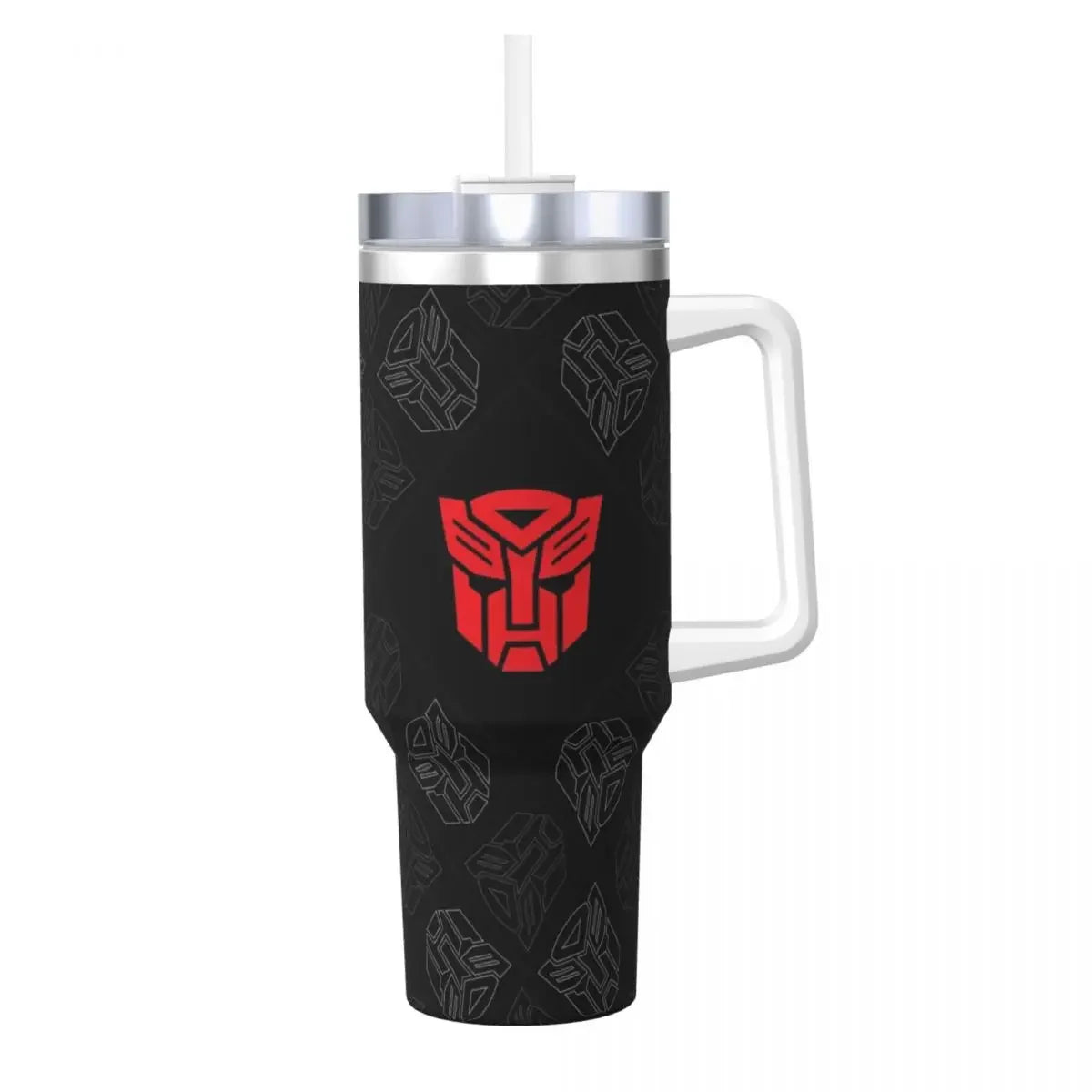 Gobelet noir avec logo rouge Autobots, poignée blanche et paille sur fond blanc – Transformers.