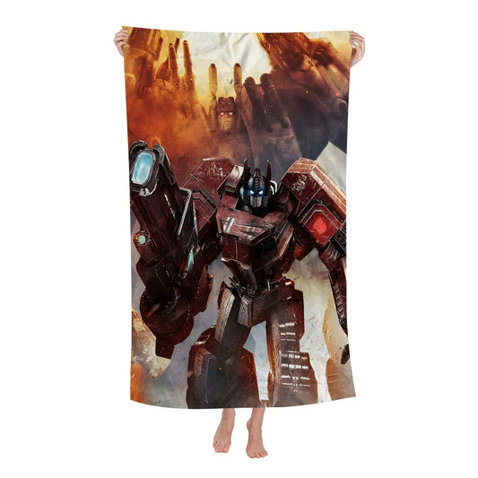 Plaid avec robot rouge et noir armé, décor futuriste et tons orangés – Transformers.