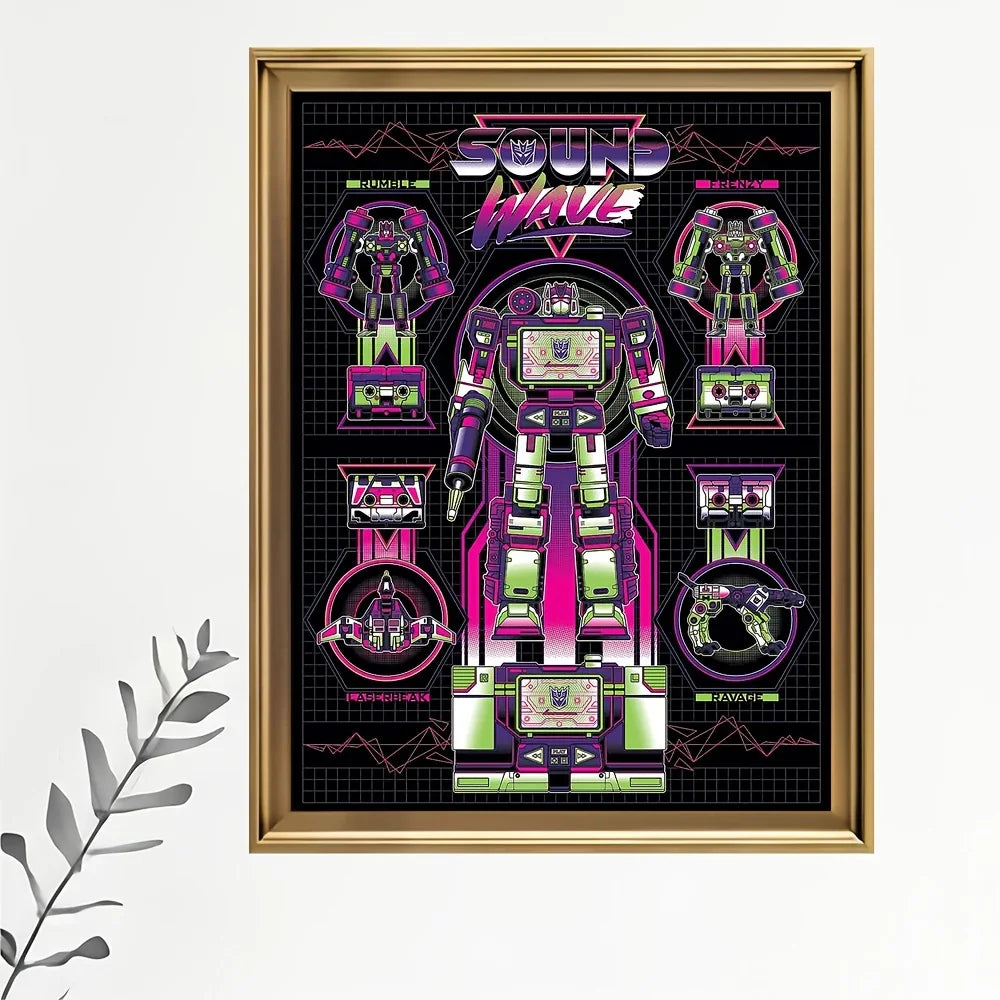 Affiche robot Soundwave néon, posture debout, schémas détaillés, cadre doré – Transformers.
