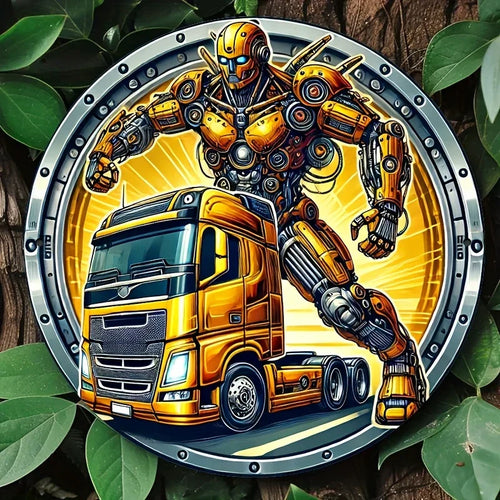 Robot jaune style Transformers debout derrière un camion jaune, décor métallique et fond feuillage – Transformers.